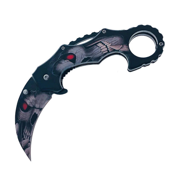 NAVAJA KARAMBIT CON APERTURA ASISTIDA Y MANGO DE CALAVERA DE LA MUERTE DE FANTASÍA DE 5"