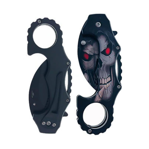 NAVAJA KARAMBIT CON APERTURA ASISTIDA Y MANGO DE CALAVERA DE LA MUERTE DE FANTASÍA DE 5"