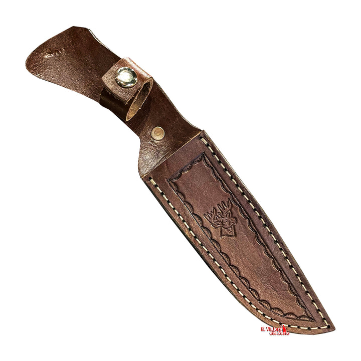 CUCHILLO AJE chef PARRILLERO CAZADOR 7" CUERNO DE VENADO Acabado SEMIPIEDRA con Funda de cuero