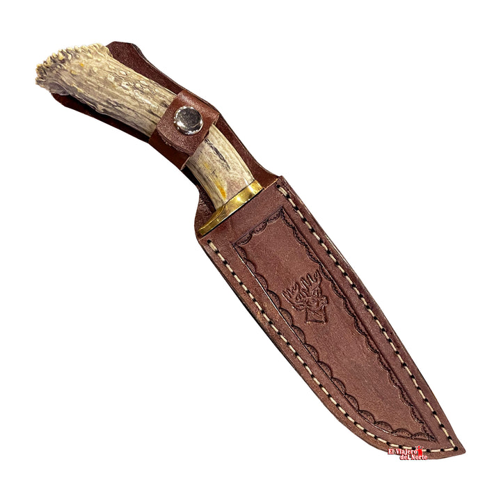 CUCHILLO AJE chef PARRILLERO CAZADOR 7" CUERNO DE VENADO Acabado SEMIPIEDRA con Funda de cuero