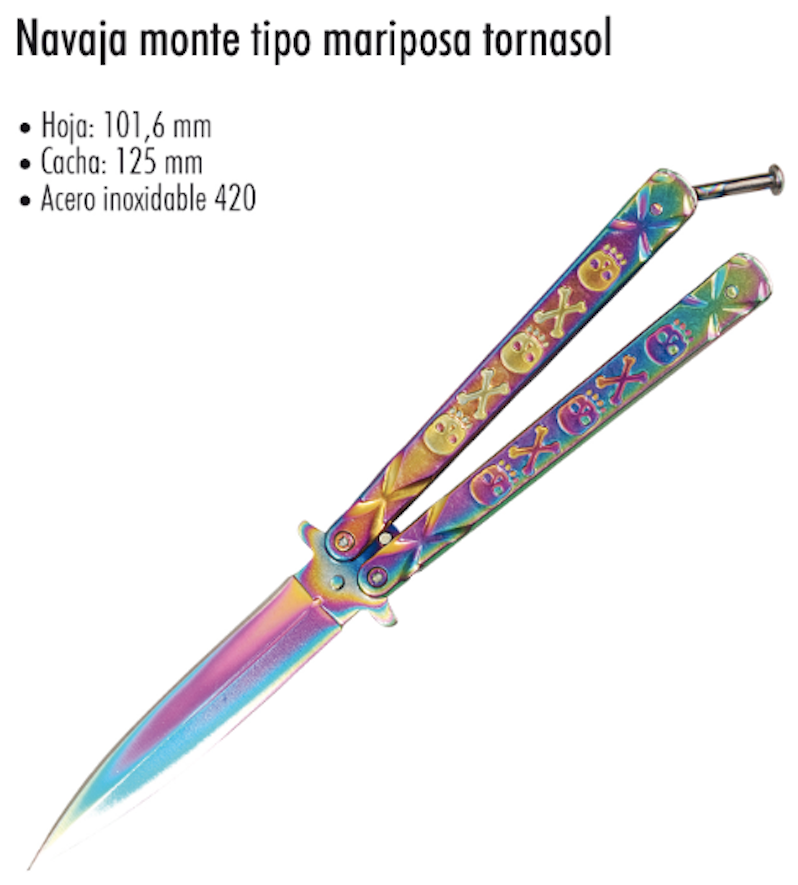 Navaja de Mariposa Tornasol Balisong Con Mango De Calaveras - El Viajero del Norte